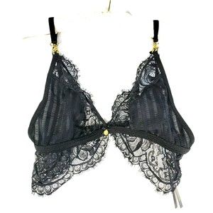 Gooseberry Intimates Lace Womens Bralette Bra Sz 32DD L Black Gold Clasps NEW